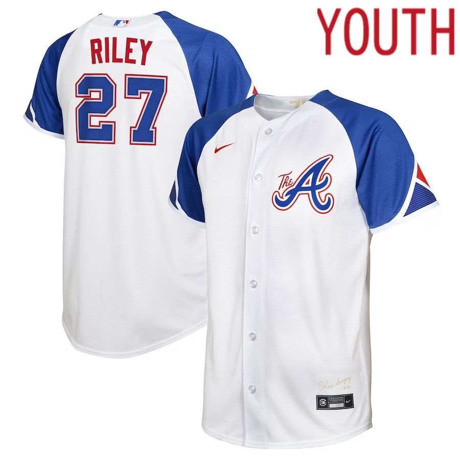 Youth Atlanta Braves 27 Austin Riley Nike White 2023 City Connect Replica Player MLB Jersey